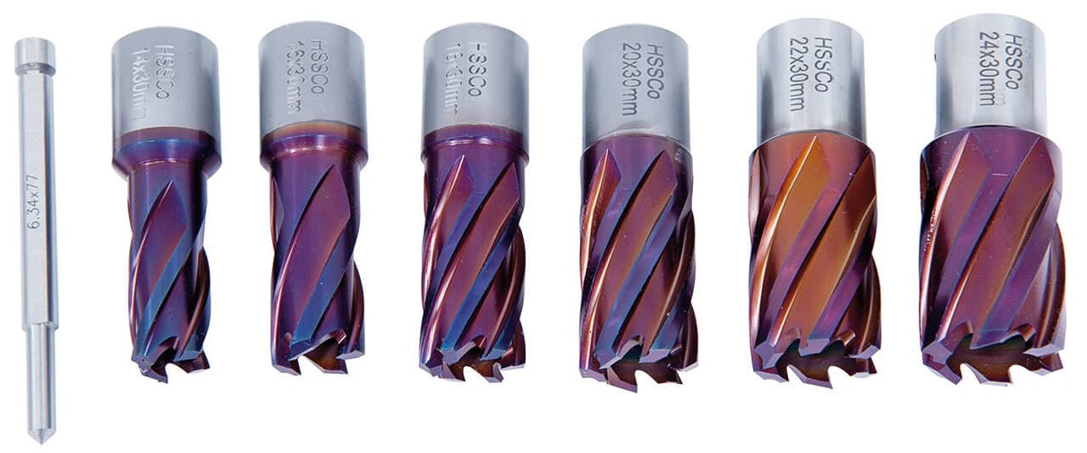 Set fresa a corona HSSCO5 CDS, con rivestimento in nACO, 14 - 24 mm, profondità di foratura 30 mm