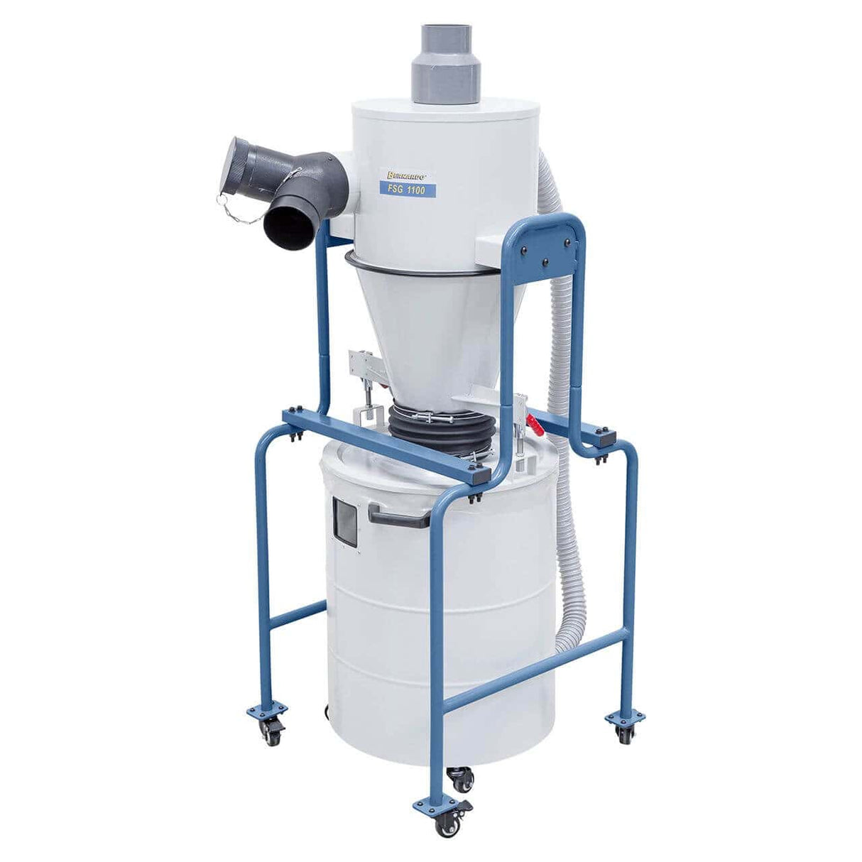 Aspiratore ciclonico Bernardo FSG 1100 con contenitore da 118 litri, adattatore a Y e finestra di ispezione per il controllo del riempimento, ideale per sistemi di aspirazione del legno.