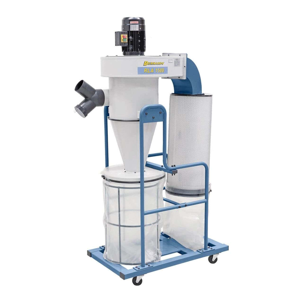 Aspiratore ciclonico Bernardo RLA 1500 con filtro in poliestere da 3,5 m², girante in acciaio e carrello mobile, ideale per l’aspirazione di trucioli e polveri fini in officine e falegnamerie.