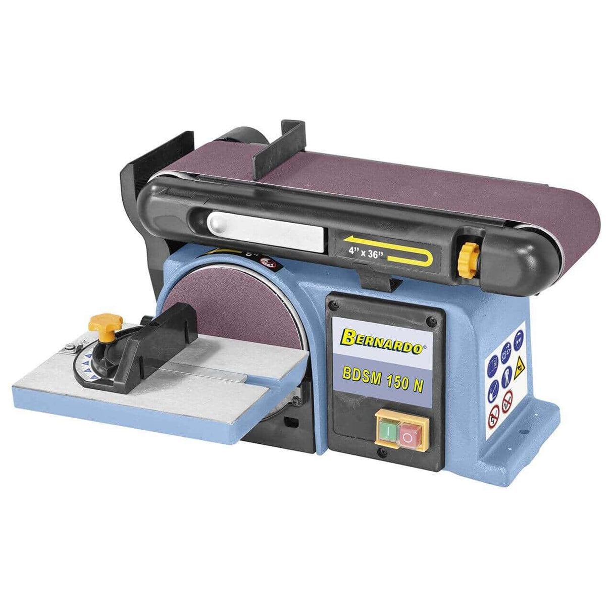 Vista della levigatrice BDSM 150 N con nastro 915×100 mm posizionabile orizzontale/verticale, disco Ø150 mm con piano inclinabile 0°–45°, struttura in ghisa, squadretta mitra e bocchetta Ø60 mm per aspirazione.