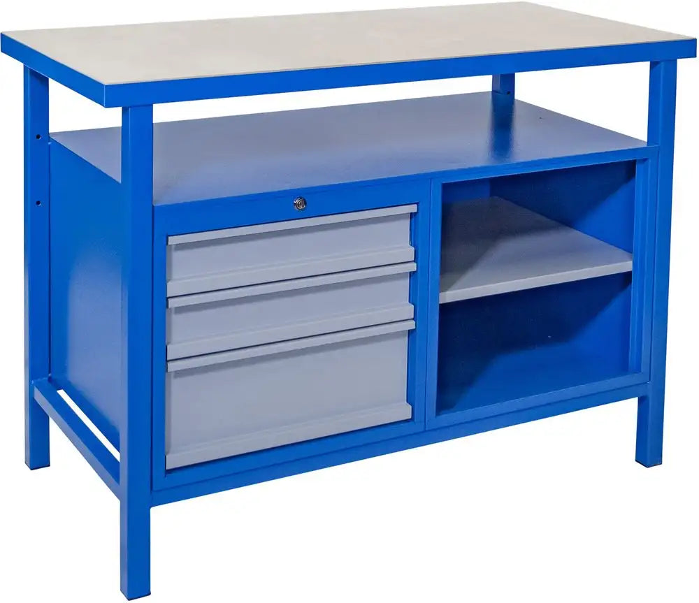 Banco da lavoro Guede P 1200 SL con piano in faggio da 38 mm, struttura in acciaio saldato, cassetti con serratura e vano organizzato per officina professionale.