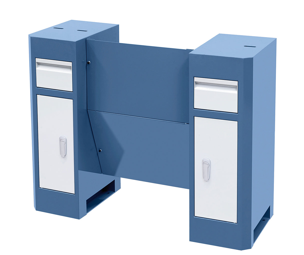 Base Bernardo D3 Deluxe in acciaio blu colomba RAL 5014, con cassetti e vani integrati, compatibile con torni della serie Profi 500.