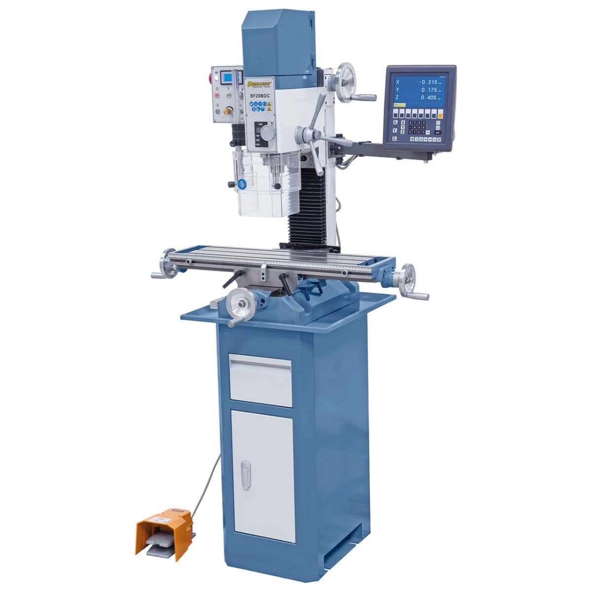 Trapano-fresatrice Bernardo BF 28 BDC con tavola a croce 700 x 180 mm, testa inclinabile ±90°, velocità variabile continua e dotazione completa.