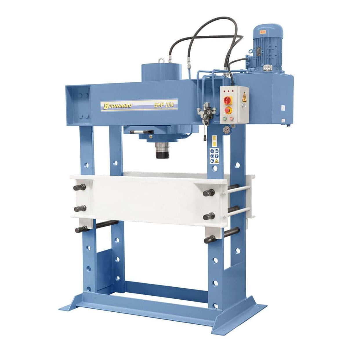 Pressa idraulica Bernardo BHP 250 con piano regolabile, cilindro scorrevole e manometro integrato, ideale per lavorazioni industriali pesanti.
