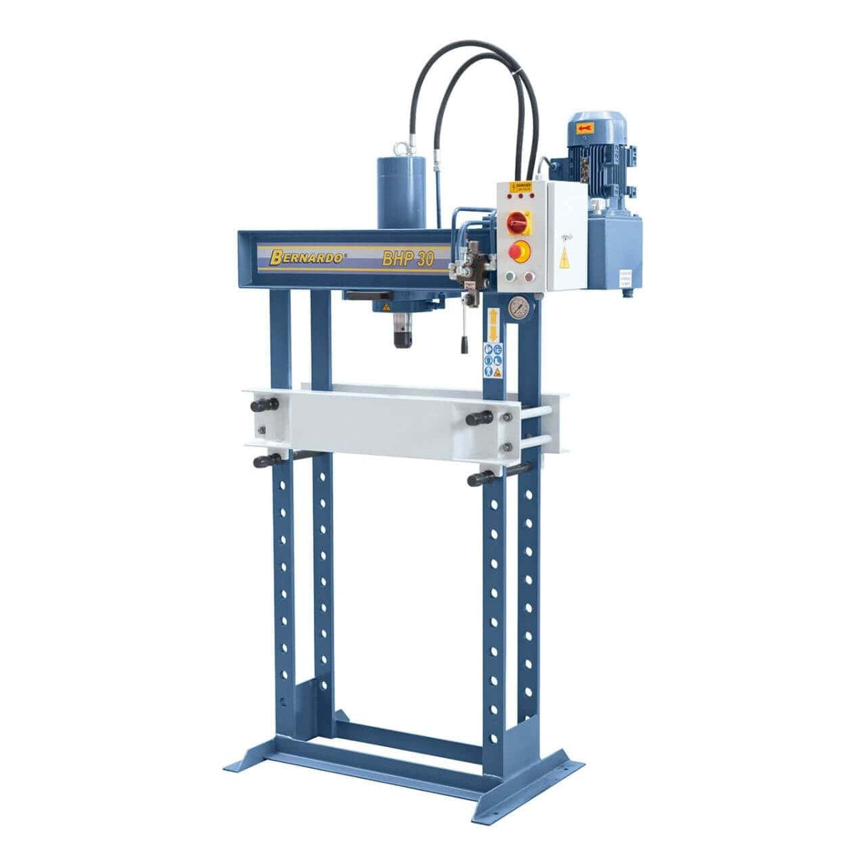 Pressa idraulica Bernardo BHP 30 da 30 ton, con cilindro scorrevole e piano regolabile, ideale per officine e reparti di manutenzione.
