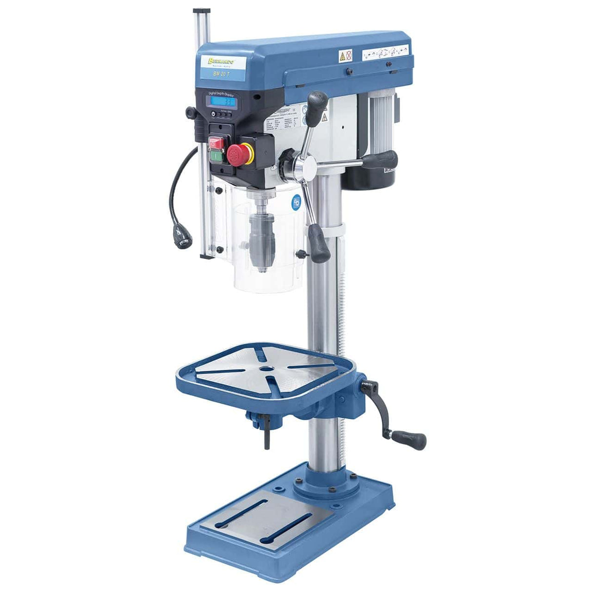 Trapano da banco Bernardo BM 20 T / 400 V con tavola inclinabile ±45°, mandrino autoserrante, display digitale e motore in alluminio conforme IP54.