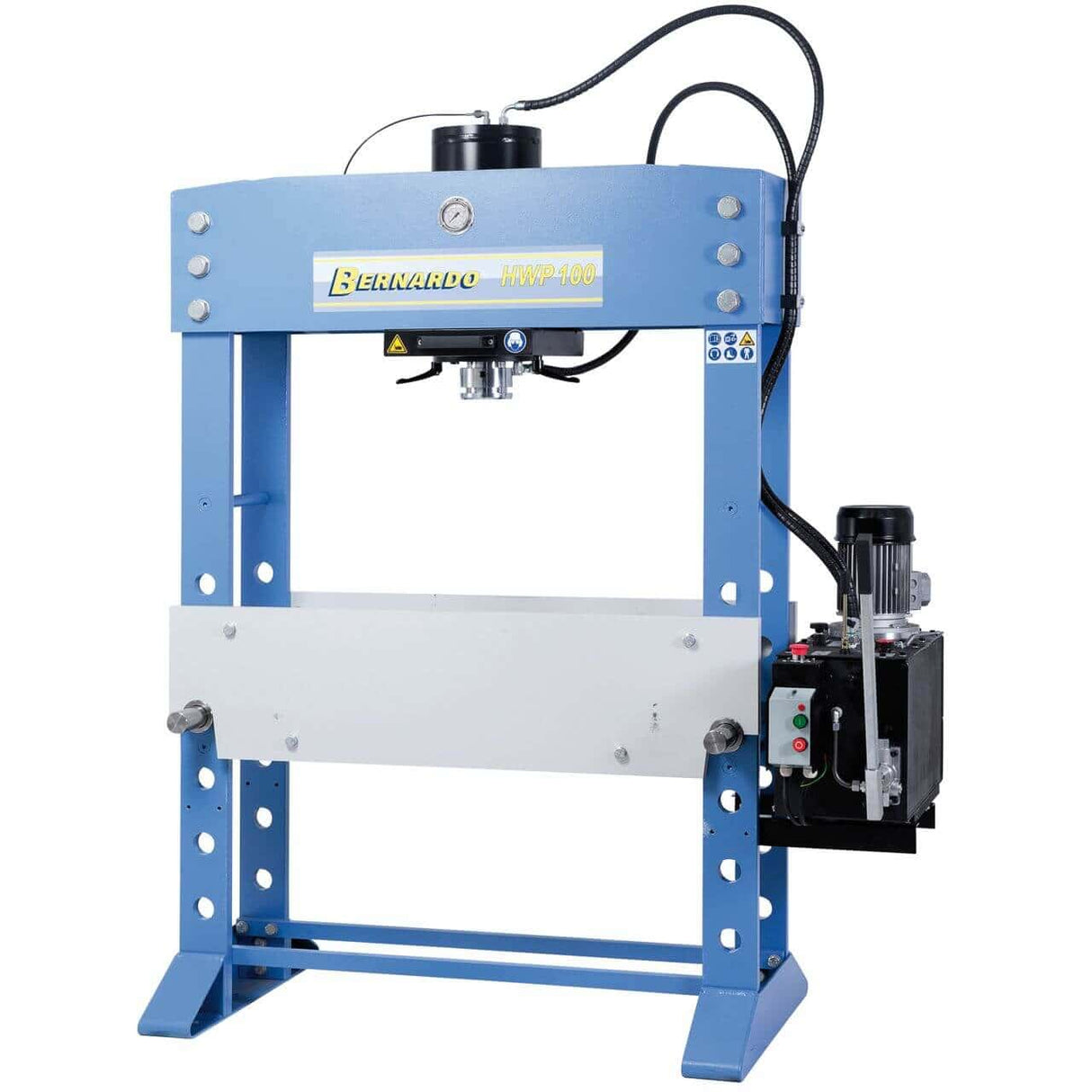 Pressa idraulica Bernardo HWP 100 con cilindro scorrevole, piano regolabile e manometro, ideale per raddrizzatura, montaggi e prove di carico.