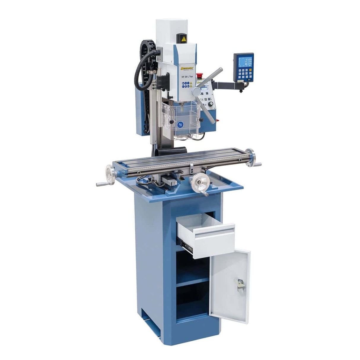 Trapano-fresatrice Bernardo KF 26 L Top con tavola 700 x 180 mm, testa inclinabile ±90°, velocità variabile continua e display digitale a 3 assi DT 40.
