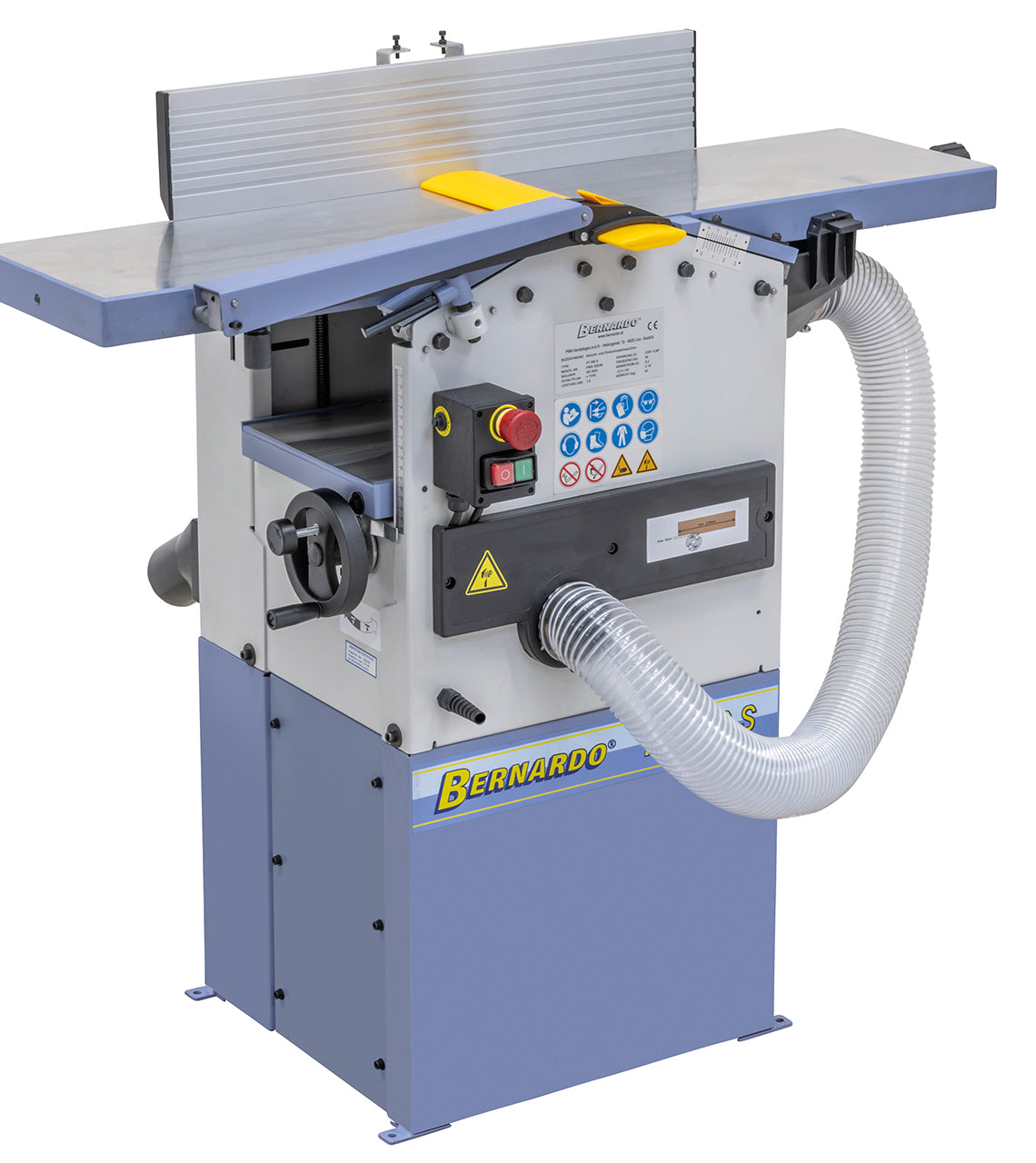 Pialla filo spessore Bernardo PT 260, funzionamento a 230 V, larghezza di piallatura 260 mm, robusta struttura in ghisa, guida inclinabile e design compatto per uso in laboratorio e officina.