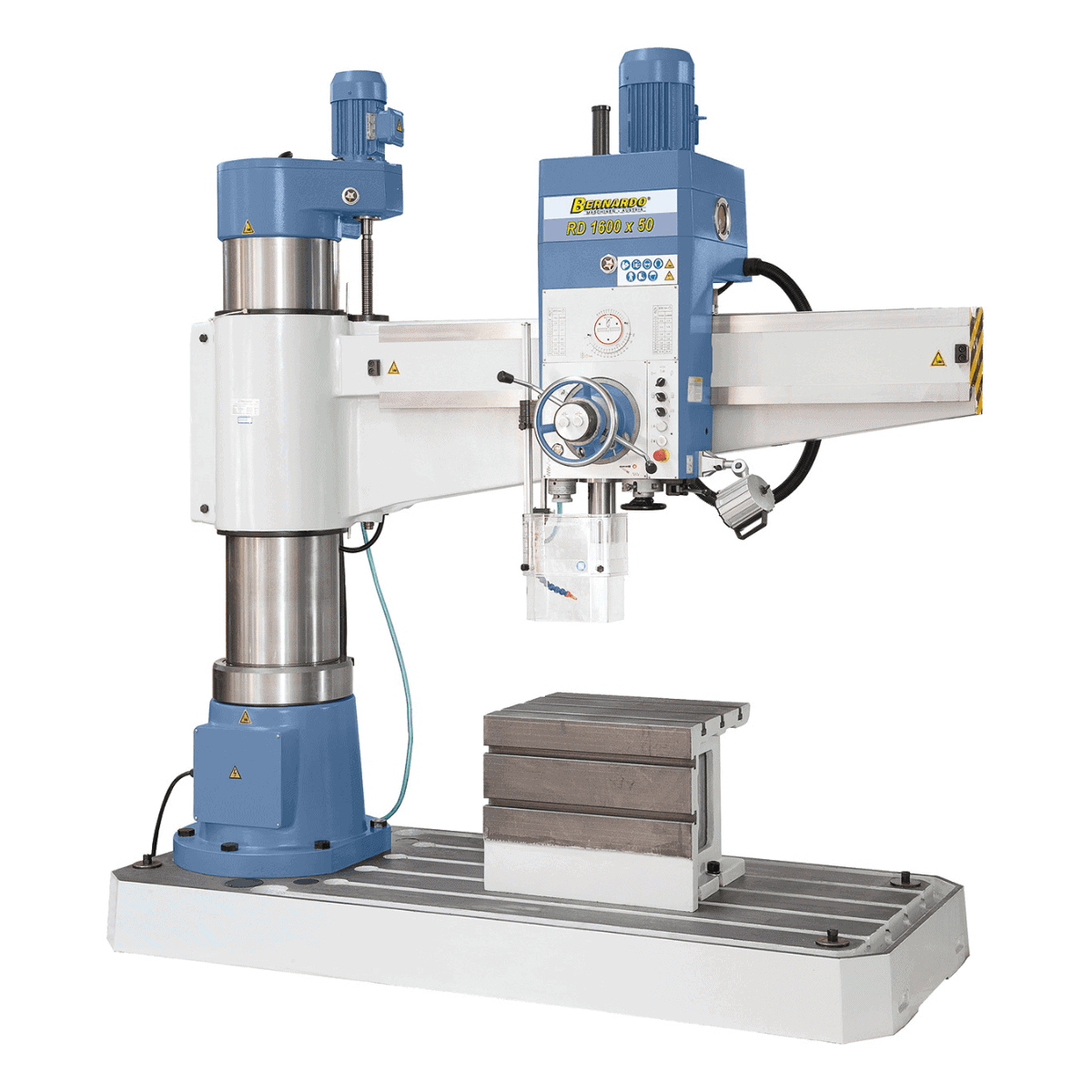 Trapano radiale Bernardo RD 2000 x 63 con capacità di foratura Ø 63 mm, filettatura fino a M56, braccio radiale da 1580 mm e struttura robusta in ghisa da 6,5 t.
