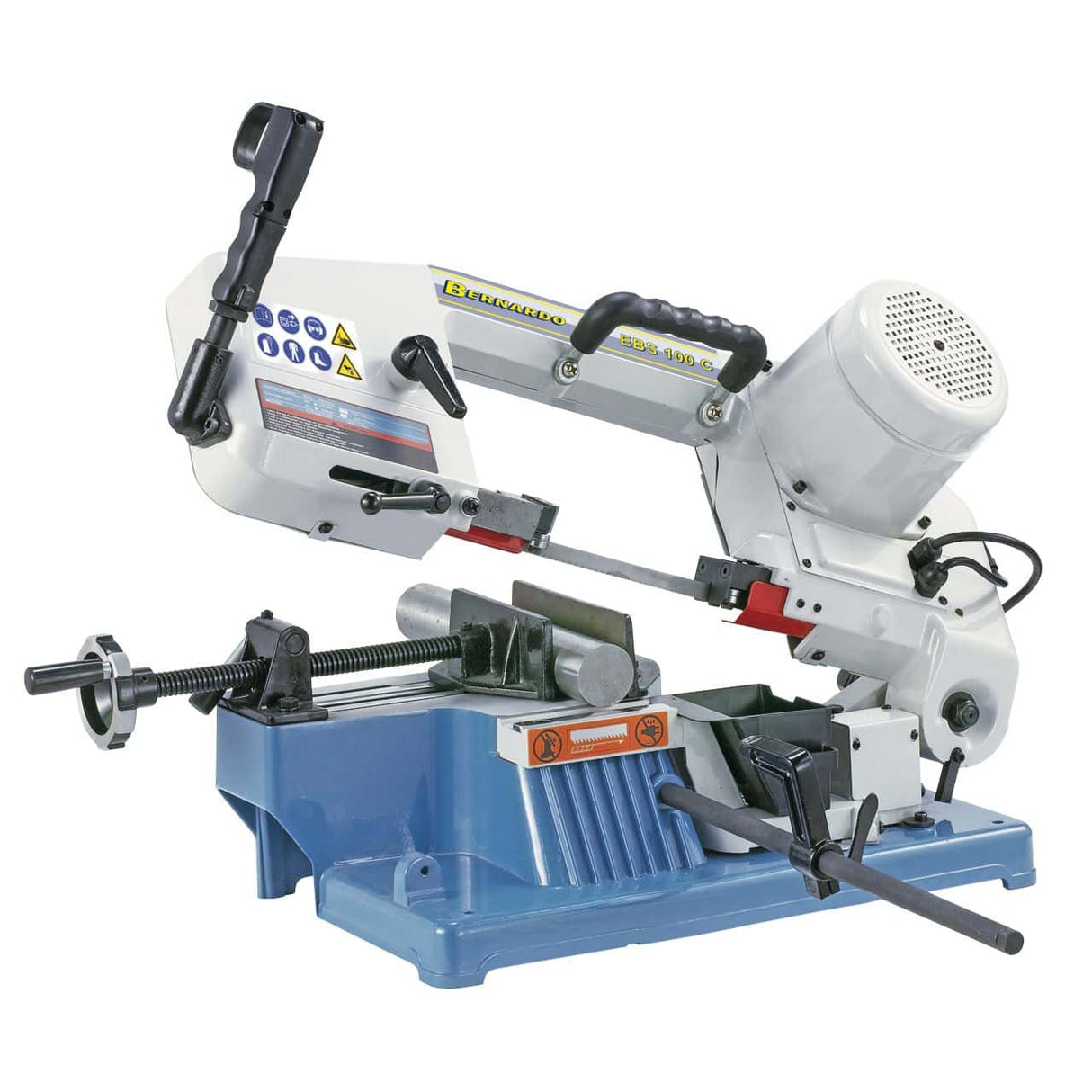 Sega a nastro portatile Bernardo EBS 100 C con braccio regolabile fino a 45°, chip box integrato e morsa rapida.