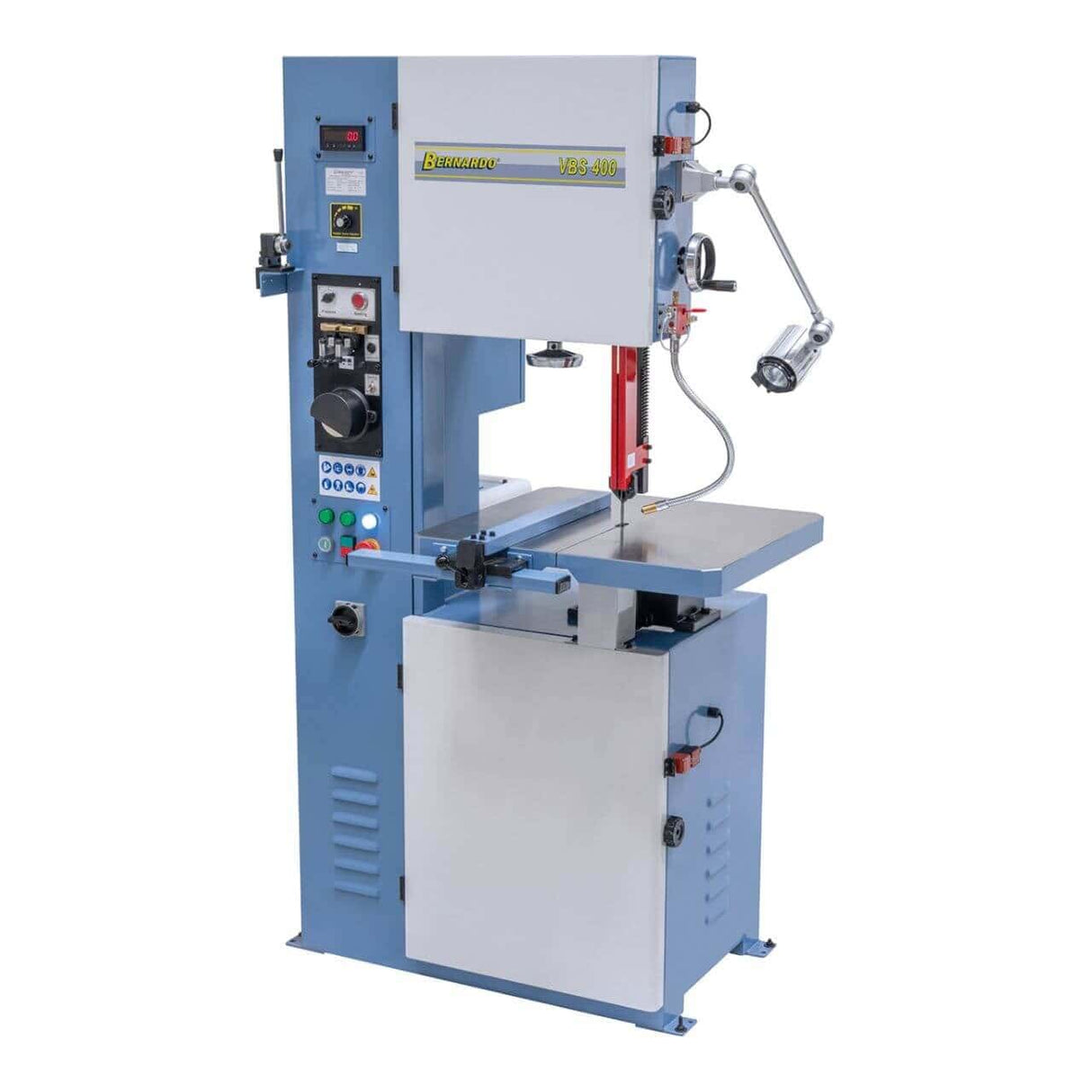 Sega a nastro verticale Bernardo VBS 400 con tavolo inclinabile in 4 direzioni, saldatrice lama, velocità variabile e microrefrigerazione.