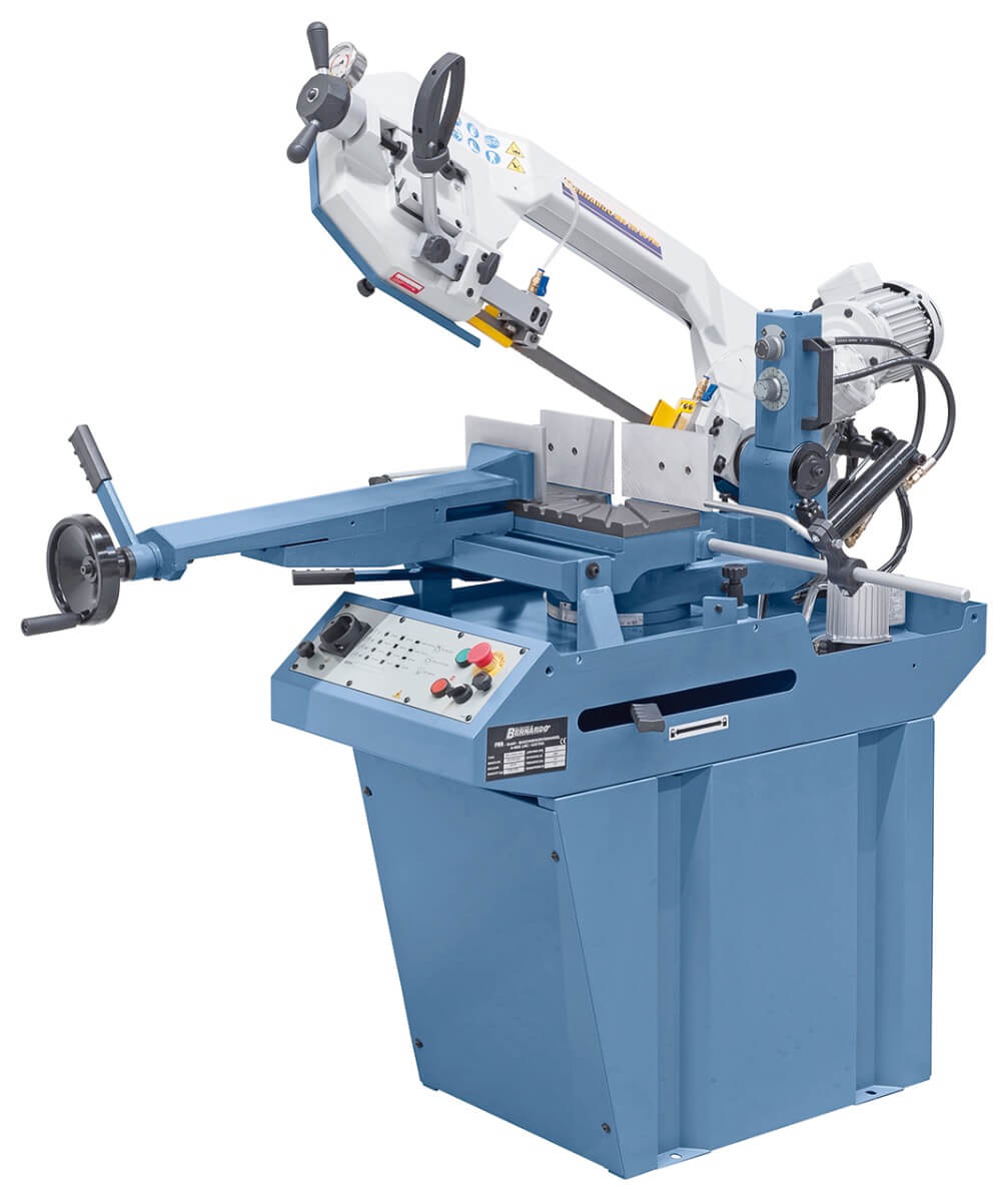Segatrice a nastro orizzontale Bernardo MBS 280 DG-V PRO con telaio in ghisa sferoidale, velocità variabile e doppia angolazione -45°/+60°.