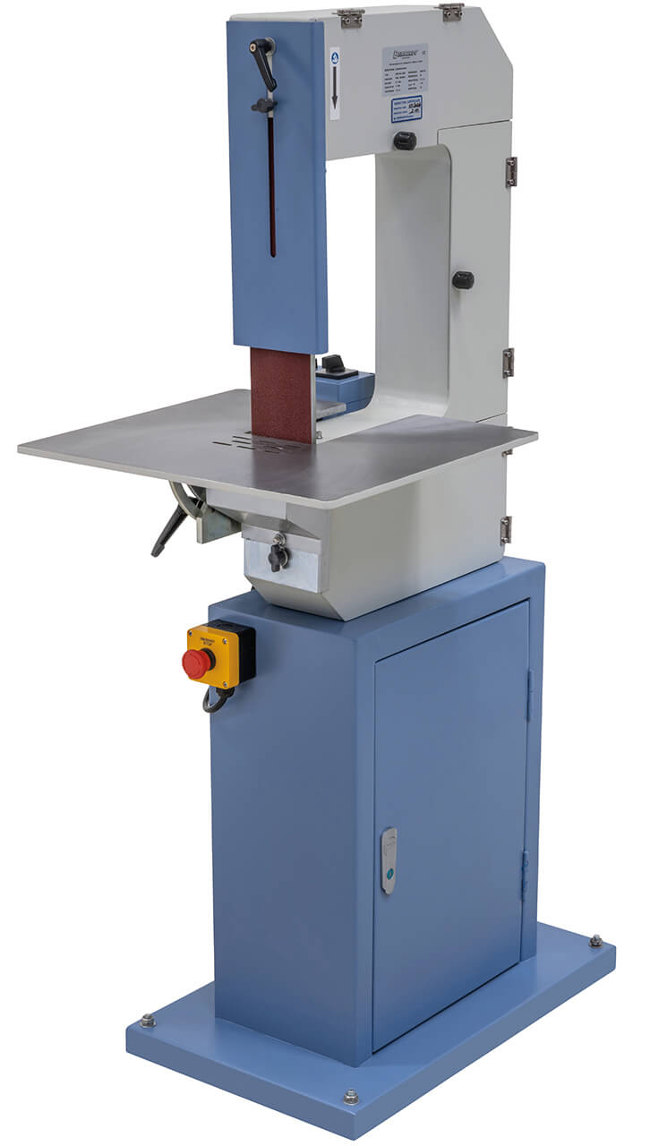 Lucidatrice per metalli Bernardo VBM 100 x 2000 con nastro 100 x 2000 mm, due velocità e dispositivi per levigatura cilindrica.