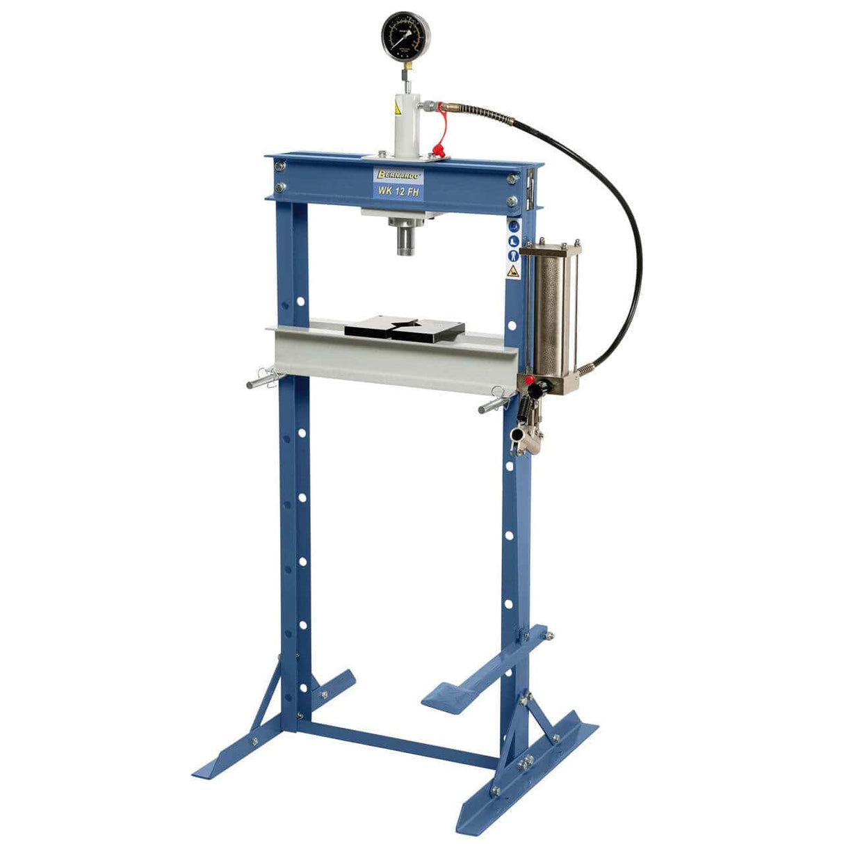 Pressa da officina Bernardo WK 12 FH con forza di pressione da 12 tonnellate, ritorno automatico del pistone e pedale incluso.