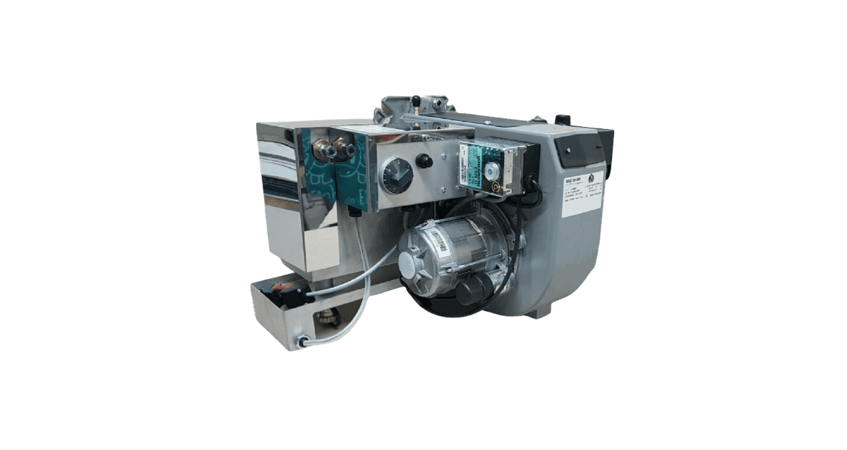 Bruciatore compatto EMB per olio esausto, con struttura in acciaio verniciato, sistema di alimentazione automatica e regolazione della fiamma. Dotato di dispositivi di sicurezza integrati, è progettato per garantire una combustione efficiente e sostenibile, riducendo gli scarti energetici.
