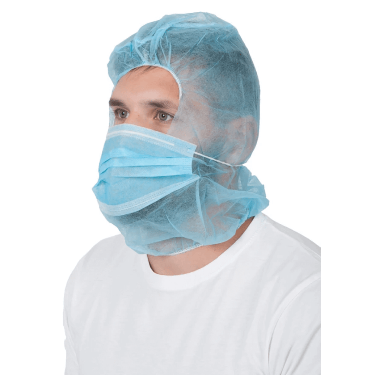 Cappuccio monouso ARDONĀ® Astro-cap in polipropilene, colore blu, con mascherina integrata. Confezione da 50 pezzi.