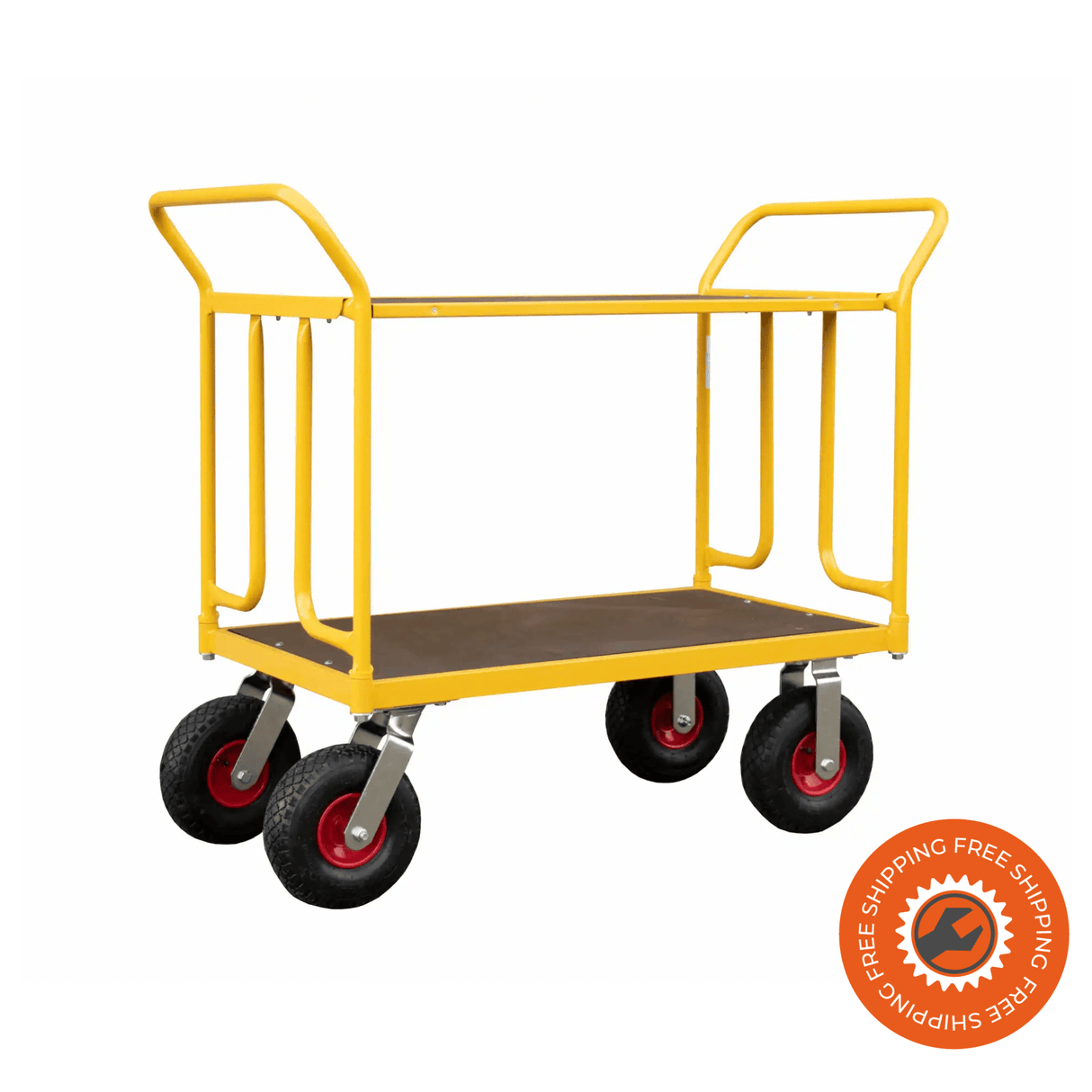 Carrello Ravendo TW 1000 LEPS in acciaio giallo con sponde laterali e ruote pneumatiche Ø3.00 x 4, ideale per trasporti industriali e magazzini fino a 400 kg.