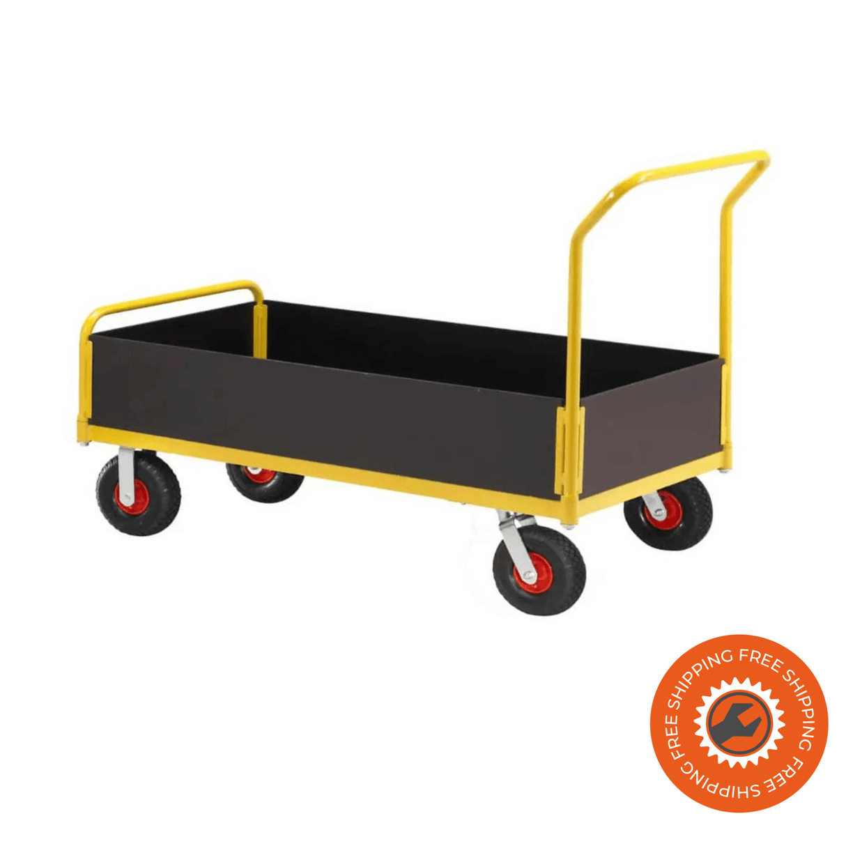 Carrello Ravendo TW 1250 L-LWS in acciaio giallo con sponde basse in legno e ruote pneumatiche Ø3.00 x 4/4, ideale per trasporti fino a 400 kg.