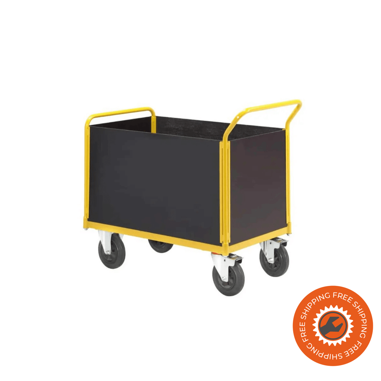 Carrello Ravendo TW 1250 M-HWS in acciaio giallo con sponde alte in legno da 600 mm e ruote solide Ø200 mm, ideale per il trasporto di materiali voluminosi fino a 400 kg.
