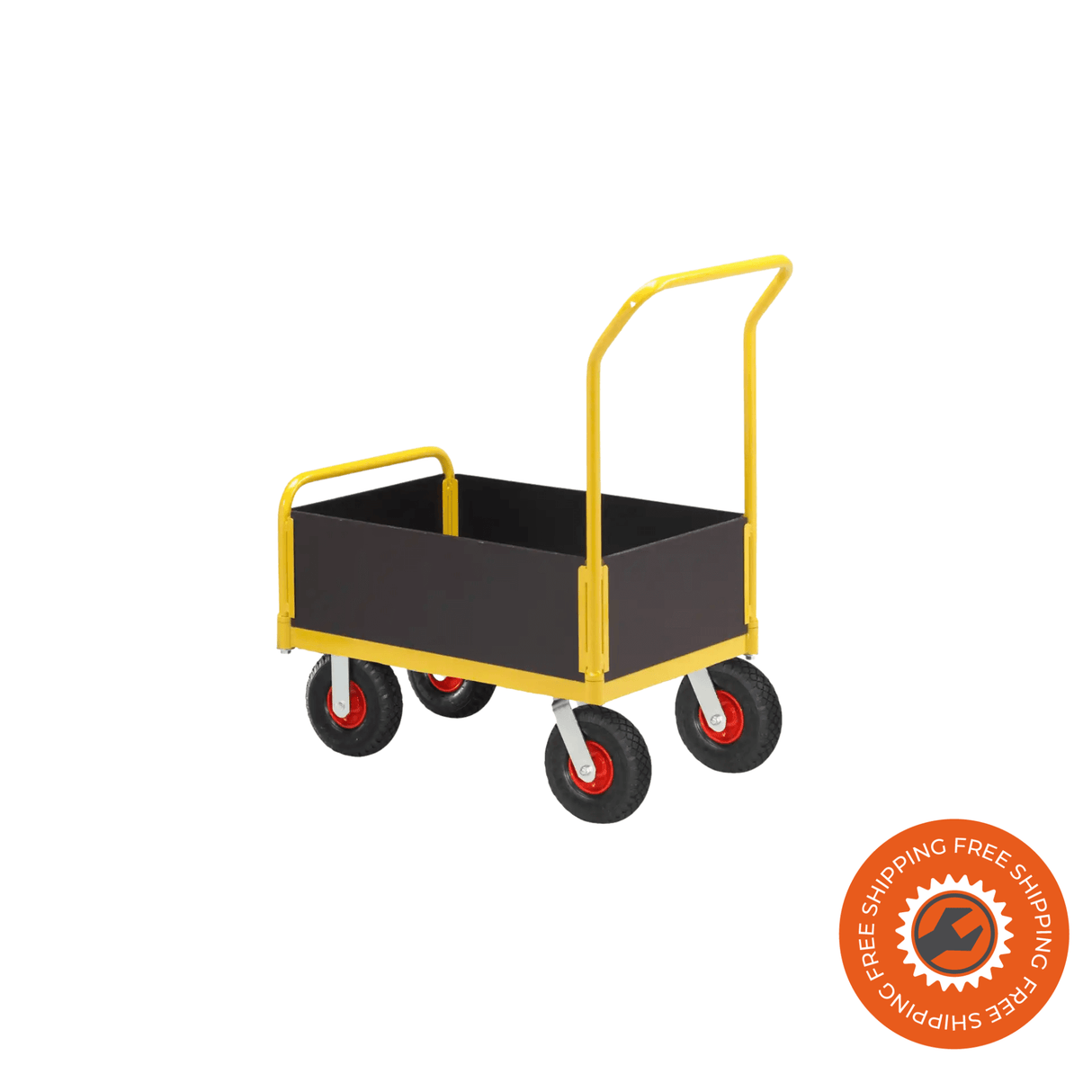 Carrello Ravendo TW 750 L-LWS in acciaio giallo con sponde basse in legno e ruote pneumatiche Ø3.00 x 4, ideale per trasporti fino a 400 kg in ambienti industriali e logistici.