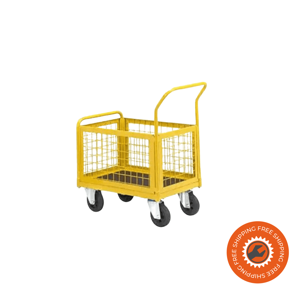 Carrello Ravendo TW 750 M-HMS in acciaio giallo con sponde a rete metallica e ruote solide Ø200 mm, ideale per trasporti fino a 400 kg in ambienti industriali.