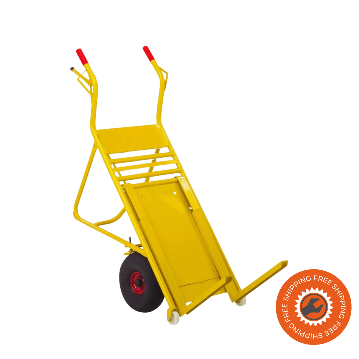 Il carrello manuale Ravendo PT 112 con freno integrato, ruote in acciaio con cuscinetti a rulli e maniglie ergonomiche rosse, ideale per trasportare fino a 325 kg in sicurezza.