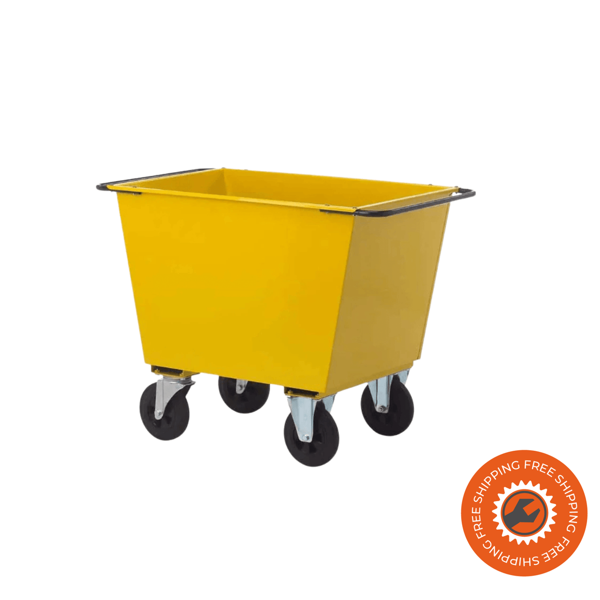 Carrello per mangime Ravendo FW 300-4M in acciaio giallo verniciato a polvere, con vasca da 300 litri e ruote solide Ø200 x 50 mm, ideale per uso agricolo e zootecnico.