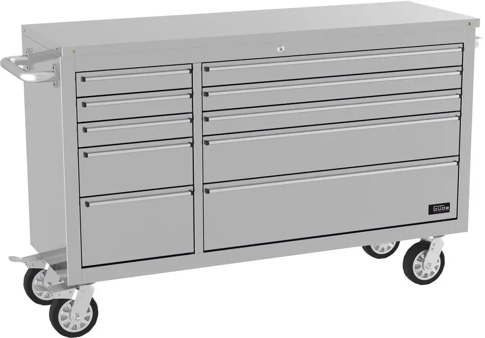 Carrello officina Güde GW 10 INOX con piano di lavoro rinforzato, 10 cassetti su guide a sfera e ruote con freno, ideale per ambienti professionali e outdoor.