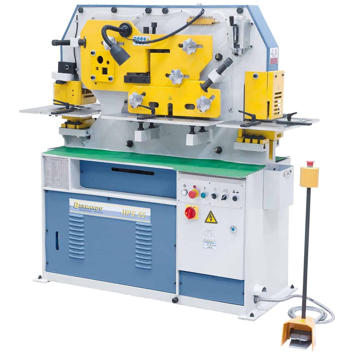 Cesoia Bernardo HPS 55 idraulica multifunzione con 55 tonnellate di forza di punzonatura e stazione di intaglio per lavorazioni su piatti, barre e profili.