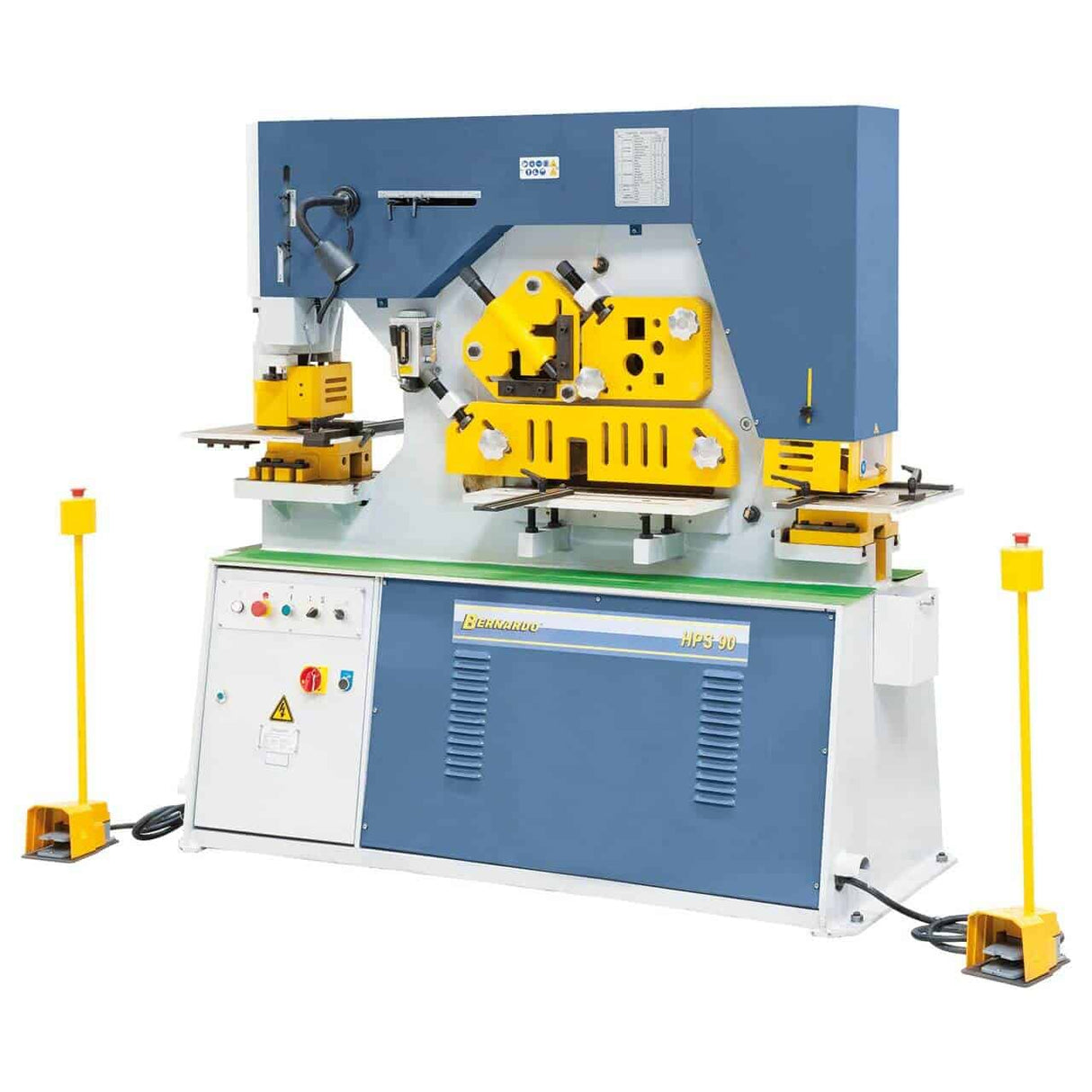 Cesoia Bernardo HPS 90 idraulica multifunzione con 90 tonnellate di forza di punzonatura e stazione di intaglio per acciaio e profilati.