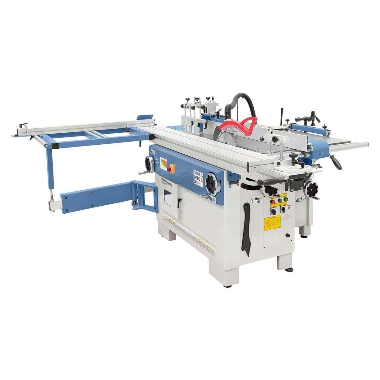 Vista frontale della CF 410 F con fresatrice inclinabile, pialla da 410 mm, cavatrice e tavolo scorrevole da 2600 mm. Il massimo per le falegnamerie professionali.