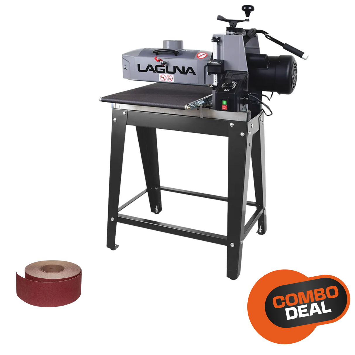 Vista della calibratrice LAGUNA 1632 SuperMax in officina, con rotolo abrasivo da 25 m K80 e maschera FFP3 in primo piano ā offerta combo dedicata a professionisti del legno.