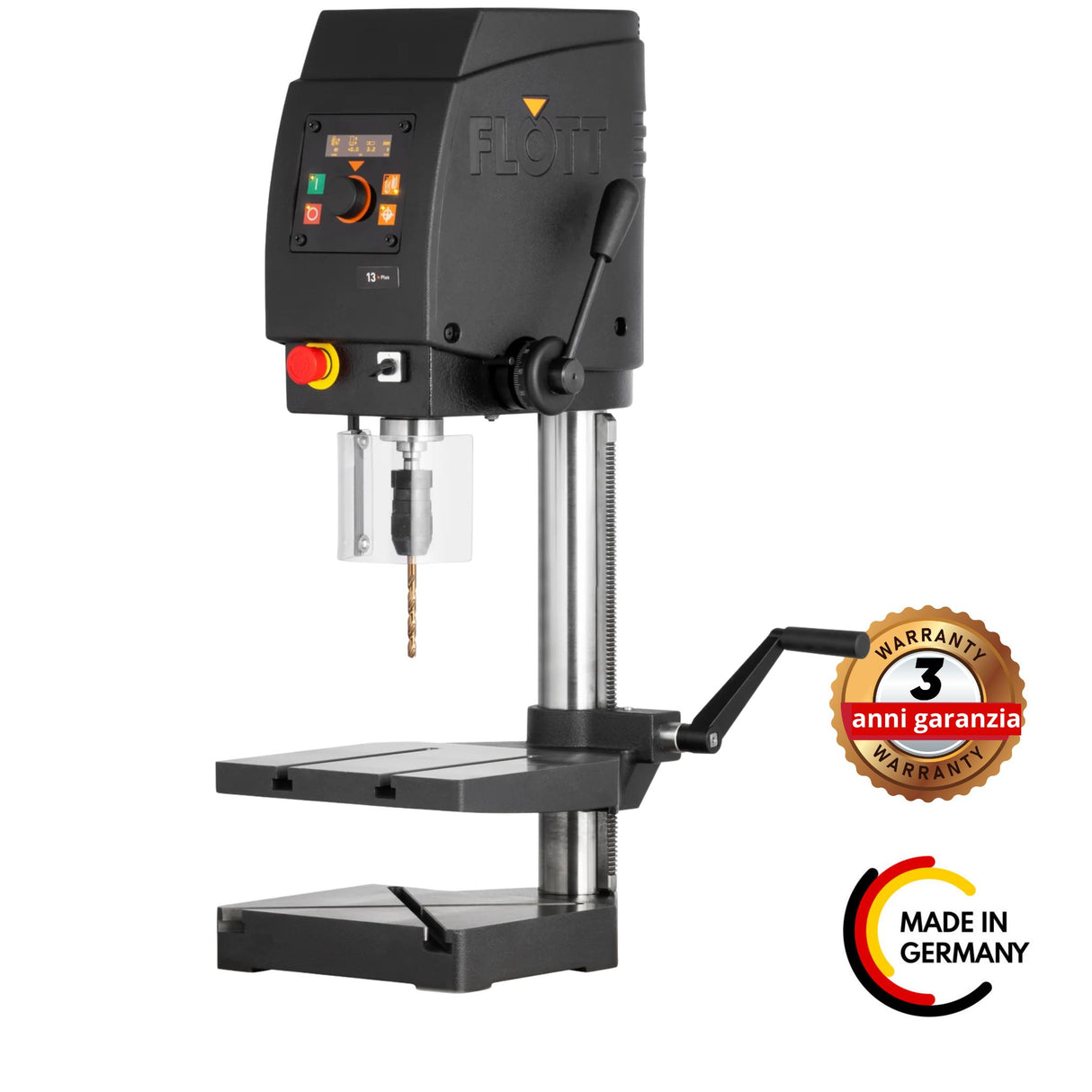 Trapano da banco professionale Flott TB 13 Plus B16, macchina robusta e precisa per forature metalliche di alta qualità.