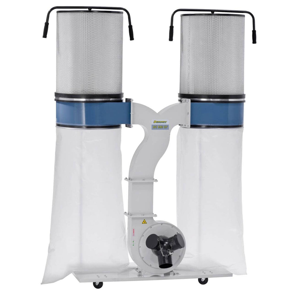 Impianto di aspirazione Bernardo DC 550 CF 400 V con struttura in acciaio e doppio sacco da 300 litri, progettato per aspirare polveri sottili e trucioli di legno con potenza e affidabilità.