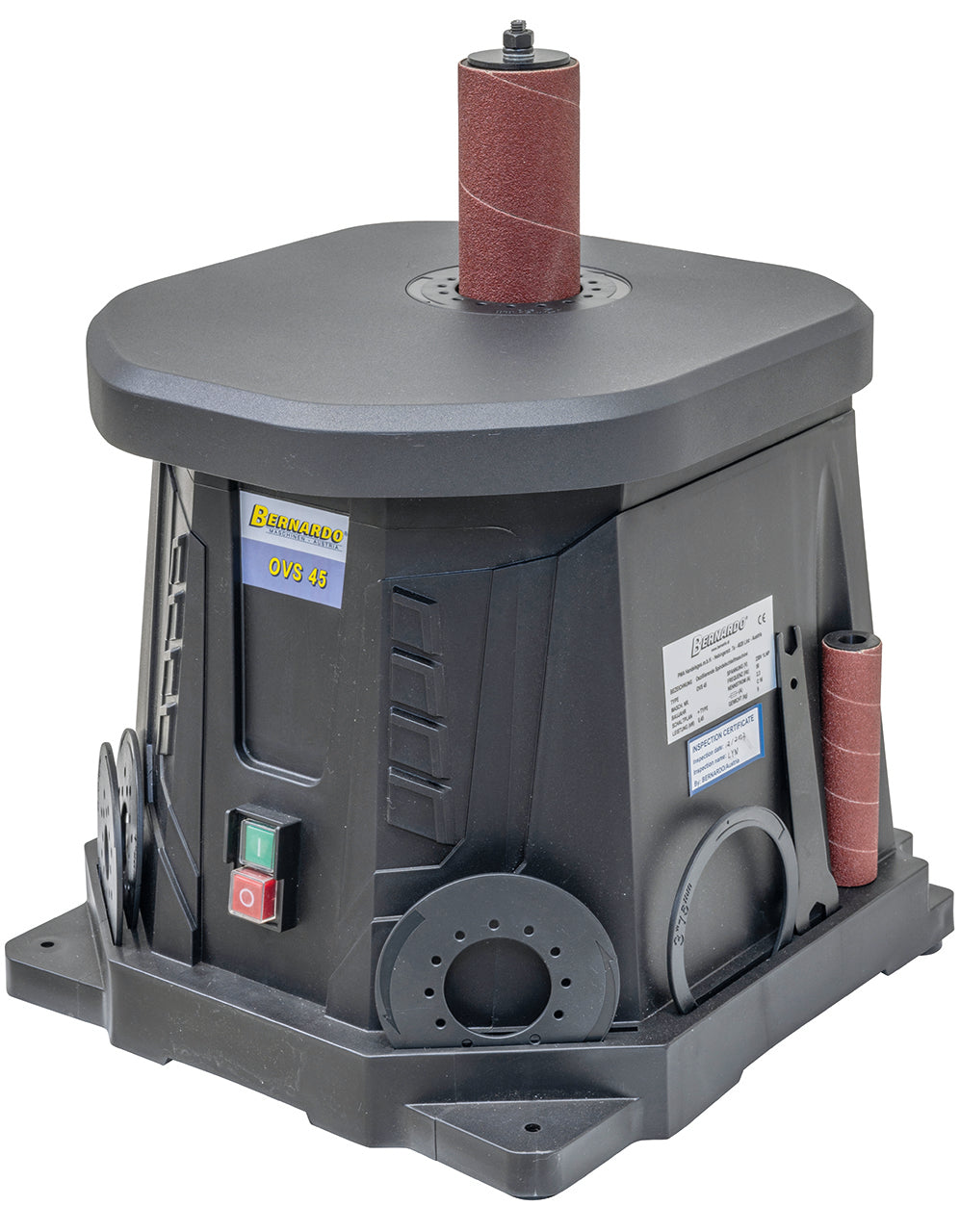 Levigatrice a mandrino oscillante Bernardo OVS 45 con 6 manicotti abrasivi e rulli in gomma, ideale per lavorazioni curve e profili in legno e plastica.