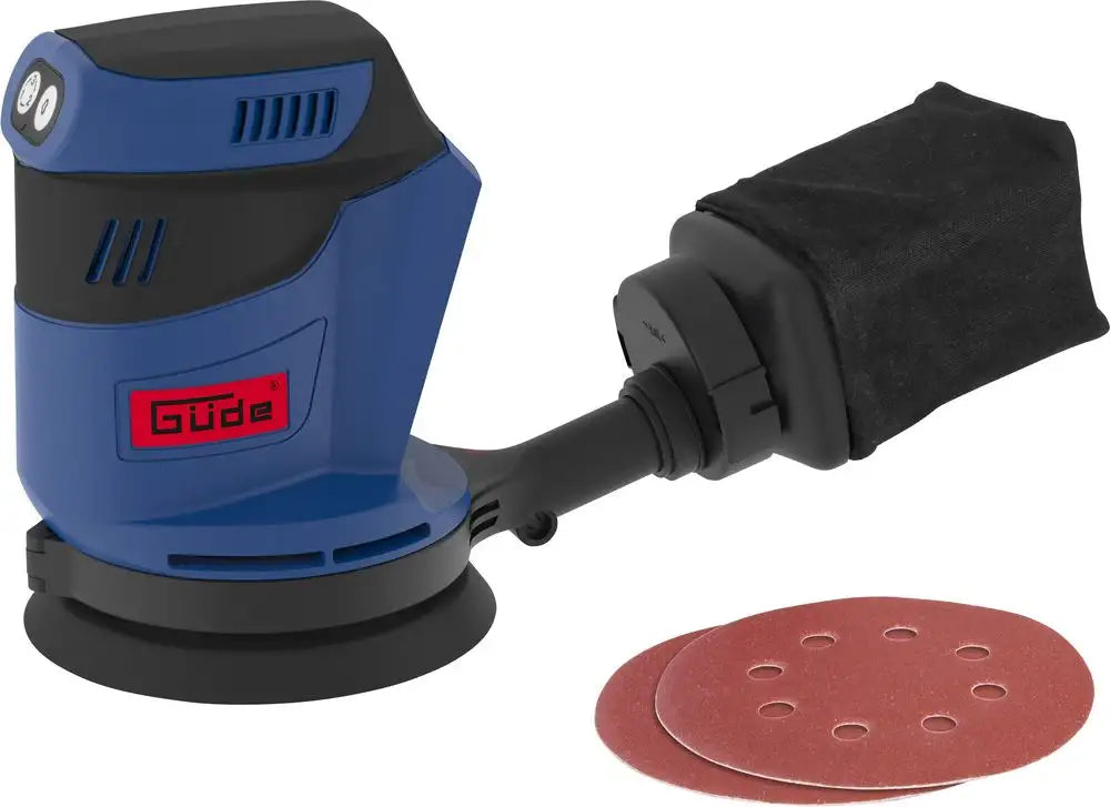 Levigatrice orbitale Guede EXS 18-0 18V con platorello da 125 mm, aspirazione integrata e regolazione a 3 velocità, ideale per superfici in legno e metallo.