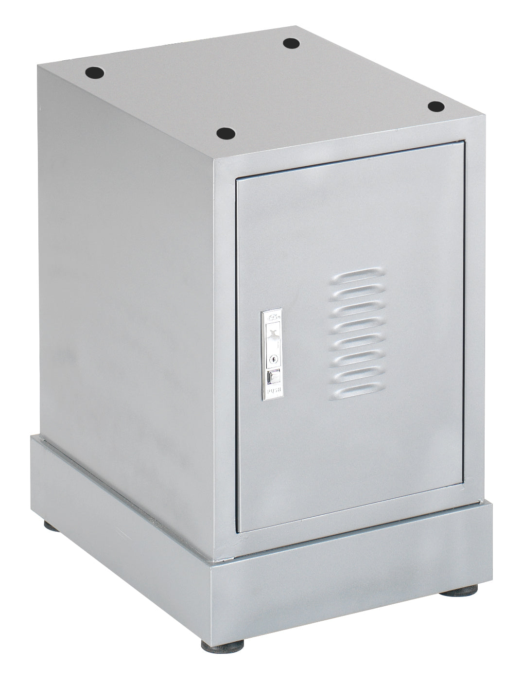 Il mobiletto Record Power FM25/A è mostrato in struttura metallica verniciata con porta frontale dotata di serratura. Il ripiano interno è visibile all’apertura e la superficie superiore supporta macchine da banco come mortasatrici, seghe a nastro o trapani, evidenziando robustezza e stabilità.