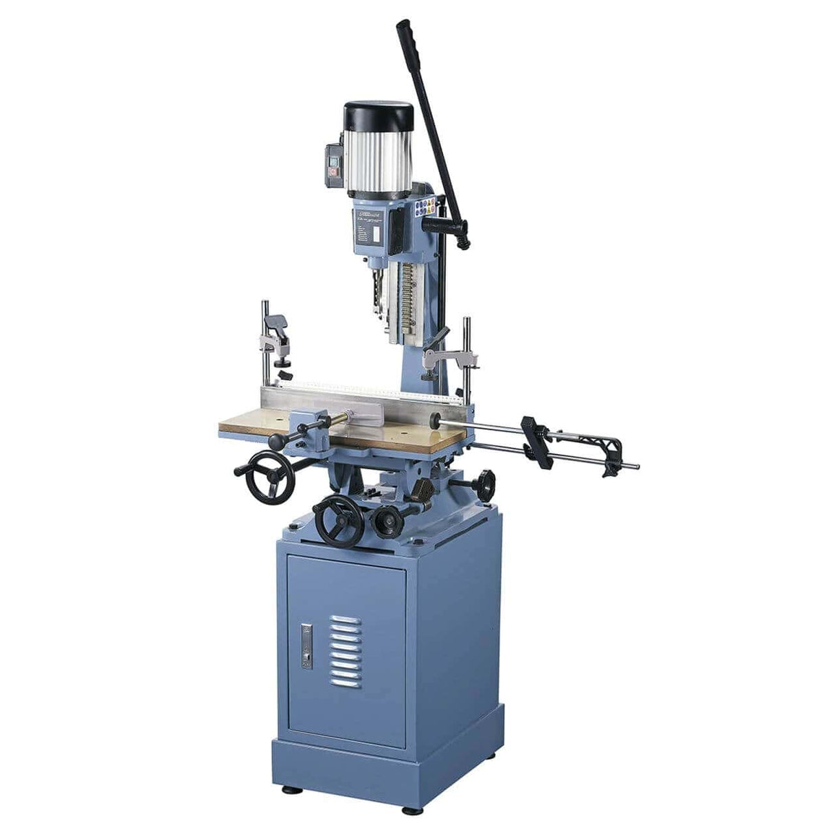 Vista laterale della HM 25 TOP con gruppo mandrino orientabile, tavolo inclinabile su due assi e struttura robusta, perfetta per fori inclinati e lavorazioni complesse su legno.