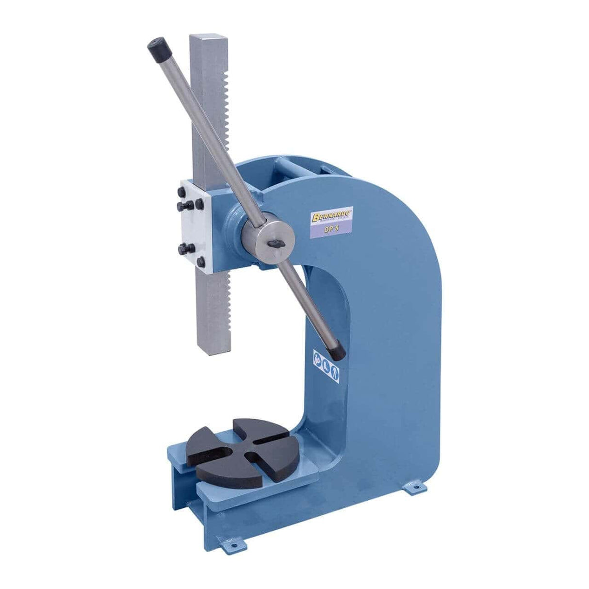 Bernardo DP 8 con corpo in ghisa grigia, piano girevole da Ø 252 mm, leva regolabile, ideale per officine e lavori di pressatura, piegatura, montaggio di componenti meccanici.