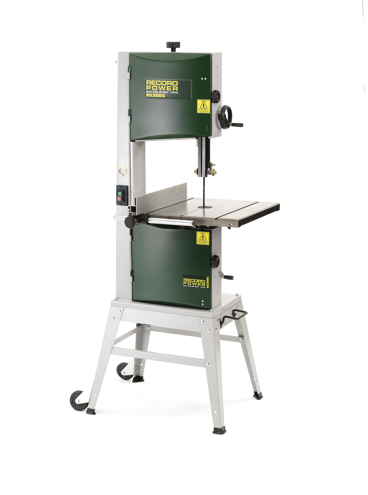 Sega a nastro Premium 350 mm con basamento aperto, piano in ghisa di grandi dimensioni, volani in ghisa bilanciati e guida parallela cromata per tagli precisi nel legno.