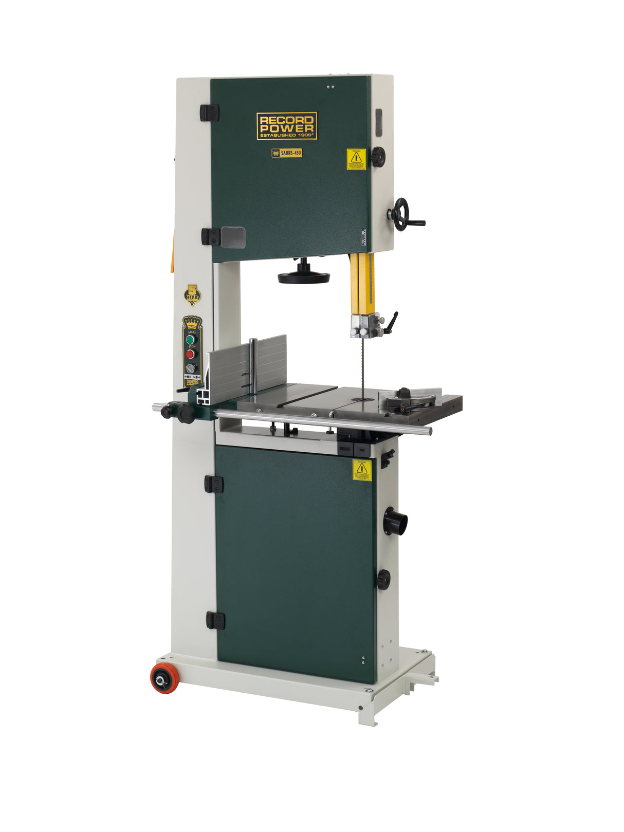 Sega a nastro Record Power Sabre 450 con piano in ghisa, motore da 2 kW e grande capacitĆ di taglio, ideale per falegnamerie professionali.