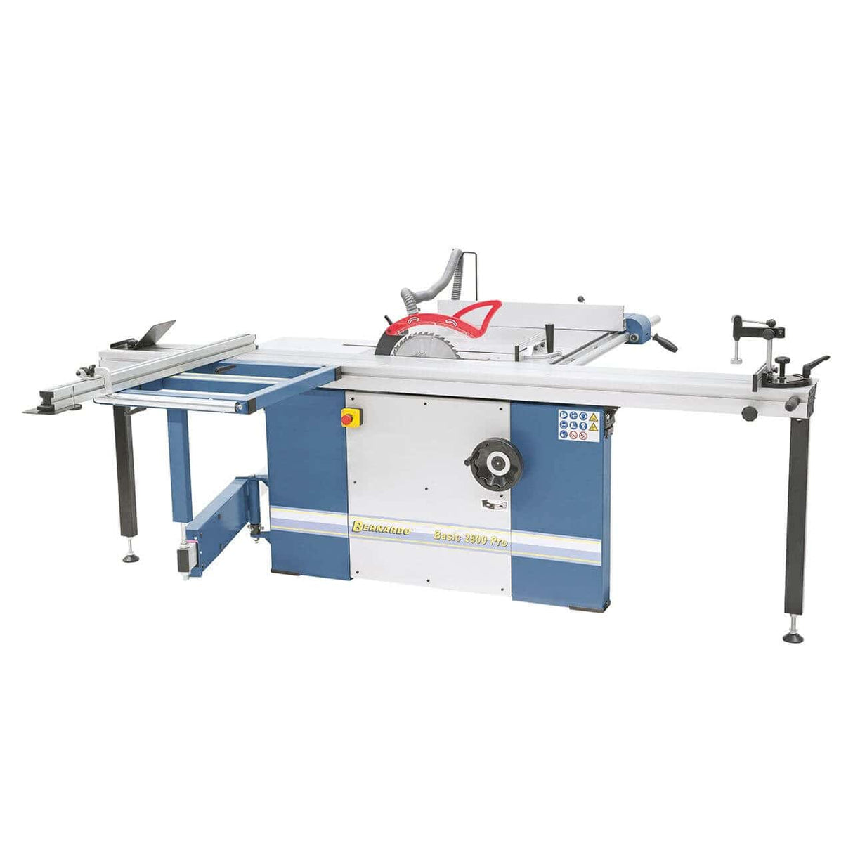 Vista della sega circolare Basic 2800 Pro con carro scorrevole da 2800 mm, guida telescopica, tavolo in ghisa con rullo e lama da 315 mm per tagli professionali su pannelli grandi e rivestiti.
