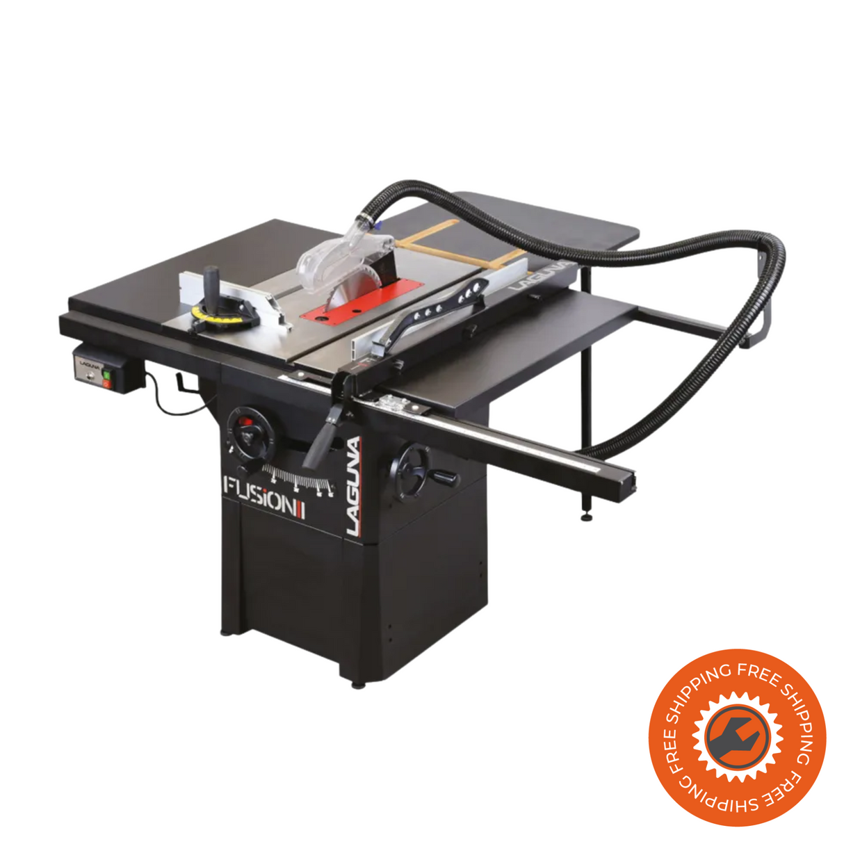 Vista laterale della Laguna Fusion 1 in laboratorio, con piano in ghisa, estensione posteriore e guida parallela. In evidenza la protezione lama e lo spazio integrato per gli accessori.