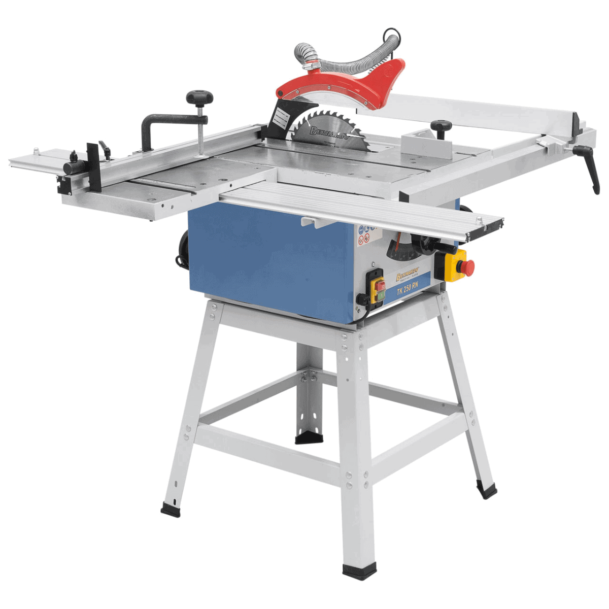 Sega da banco TK 250 RN con tavolo a rulli, guida in alluminio e piano in ghisa per massima precisione e versatilità nei tagli.