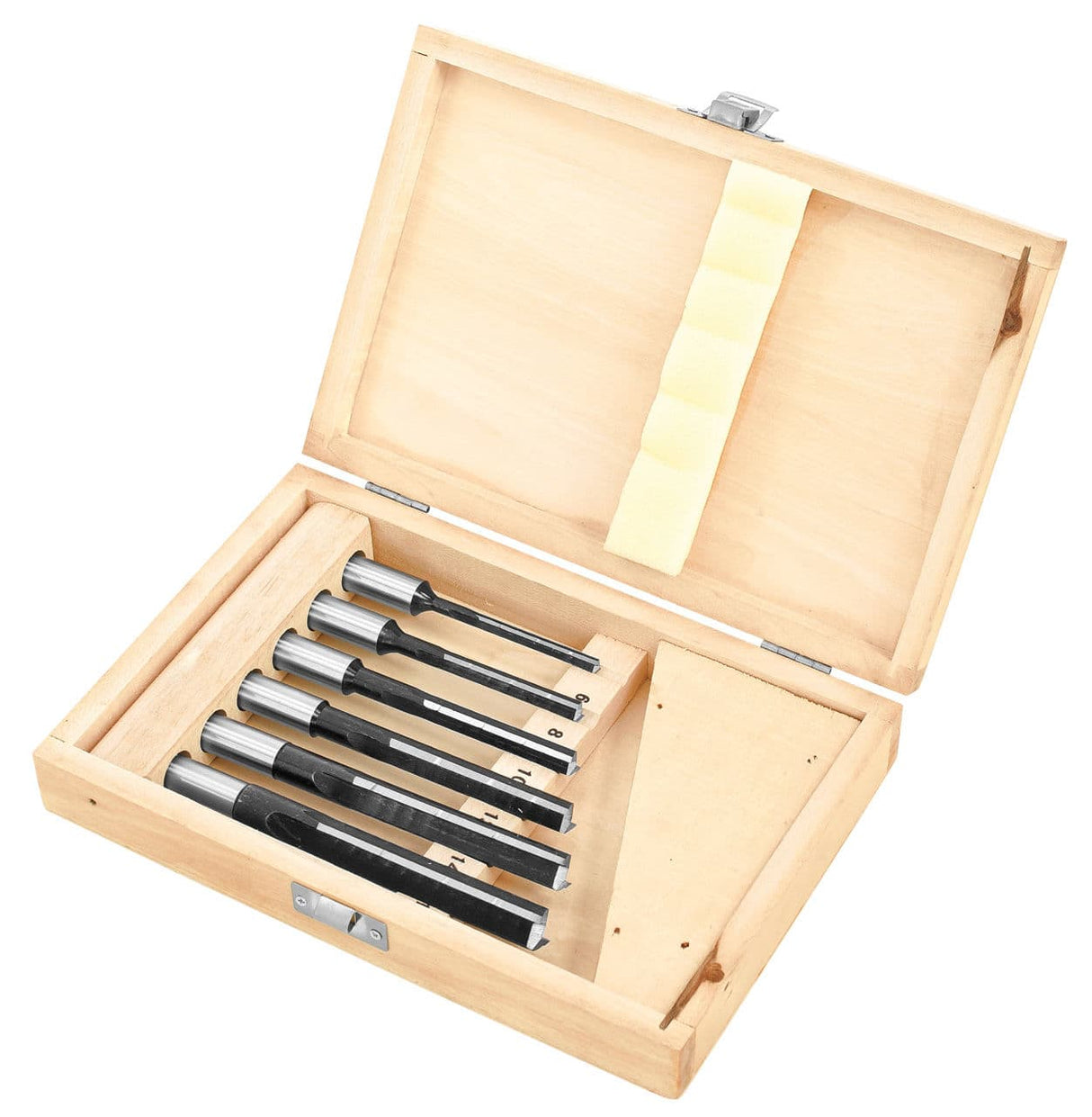 Set professionale da 6 punte per fori profondi su legno, con rotazione sinistrorsa e attacco da 13 mm, ideale per fresatrici e forabuchi.
