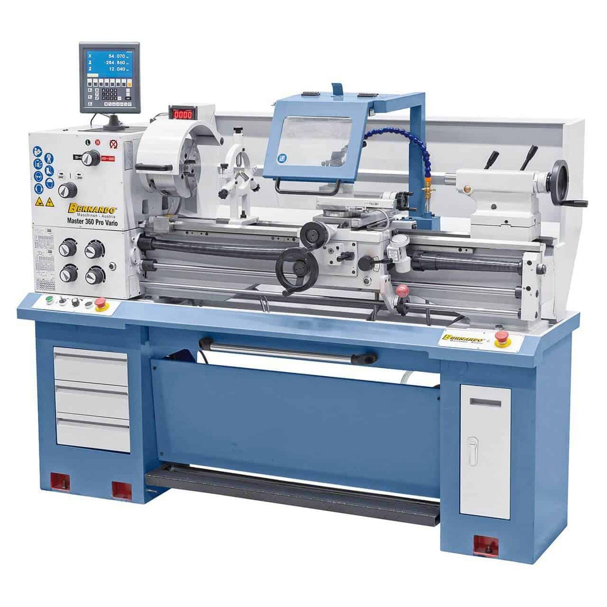 Tornio Bernardo Master 360 Pro Vario con distanza punte 1000 mm, foro mandrino Ø 52 mm e variatore elettronico di velocità , completo di visualizzatore digitale a 3 assi ES-12 V.
