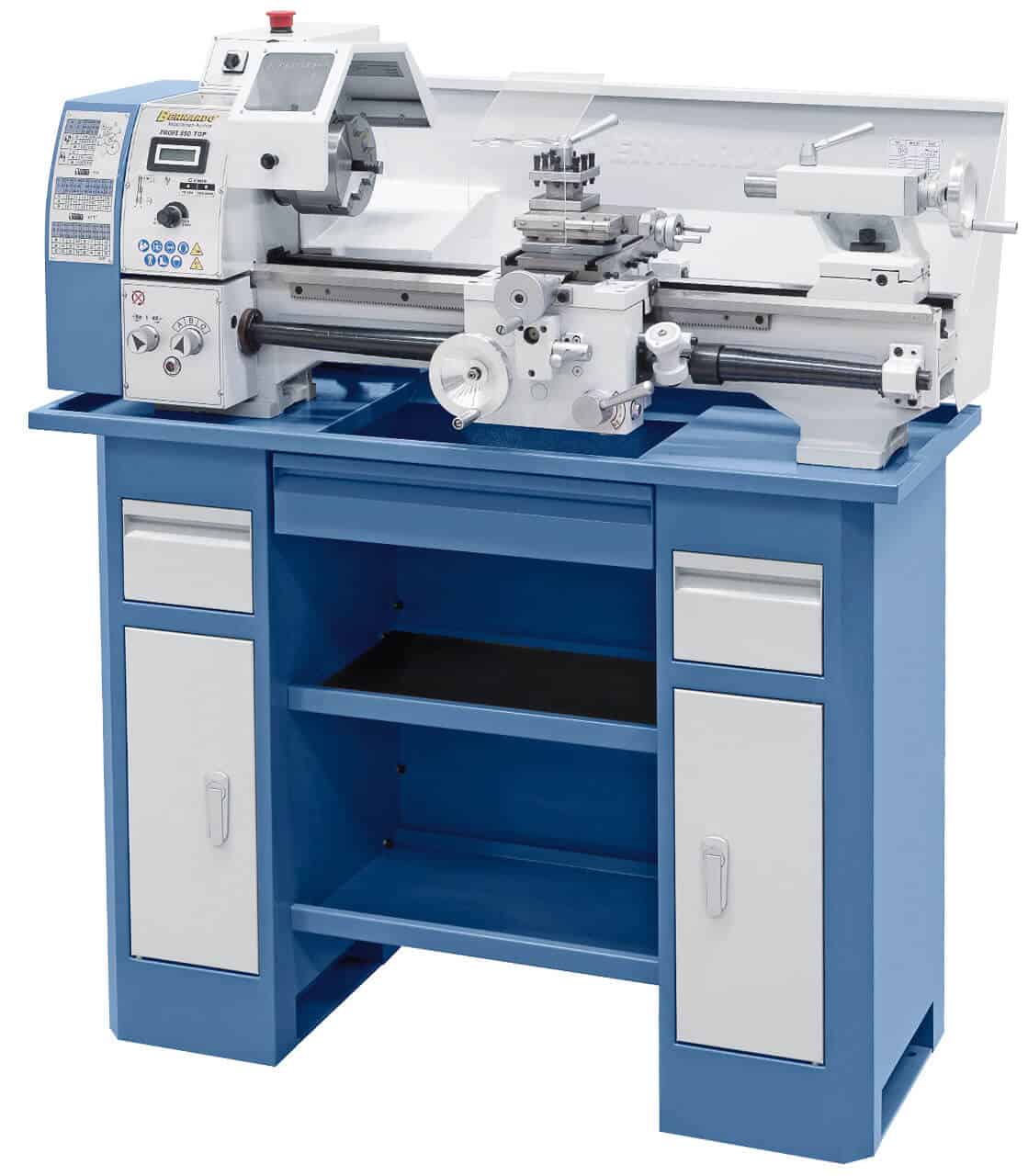 Tornio Bernardo Profi 550 Top con mandrino a 3 griffe da 125 mm, convertitore di frequenza e avanzamenti automatici, ideale per officine e hobbisti.