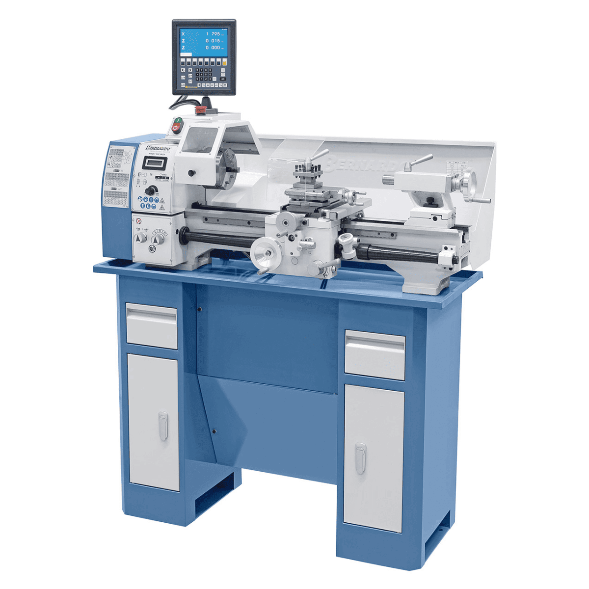 Tornio Bernardo Profi 550 WQV con distanza punte 550 mm, foro mandrino Ø 26 mm e variatore elettronico di velocità , completo di DRO 2 assi ES-12 V.