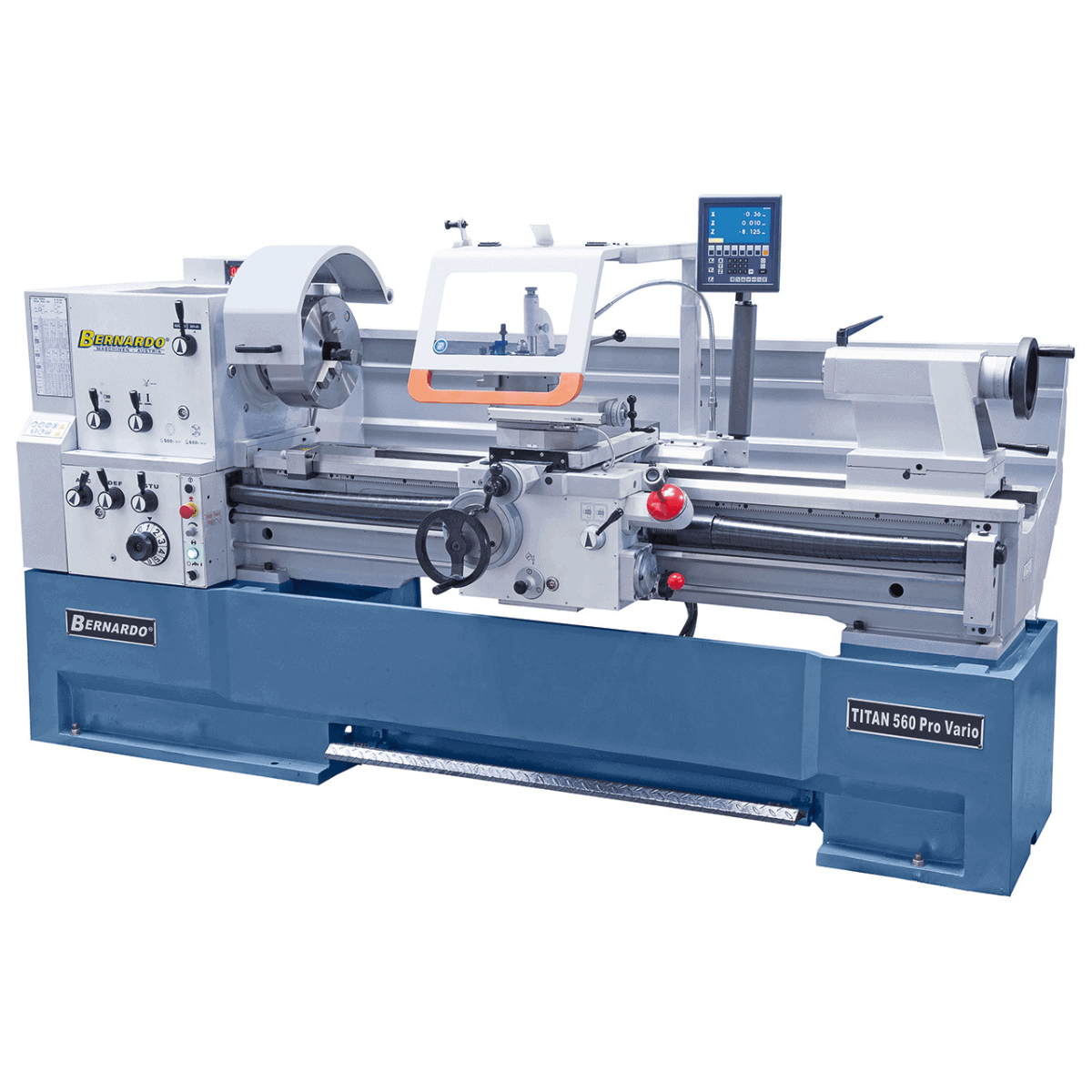 Tornio Bernardo TITAN 560 x 2000 Pro Vario con distanza tra le punte 2000 mm, foro mandrino 105 mm e motore 7,5 kW, completo di mandrino 315 mm, piatto frontale e DRO.